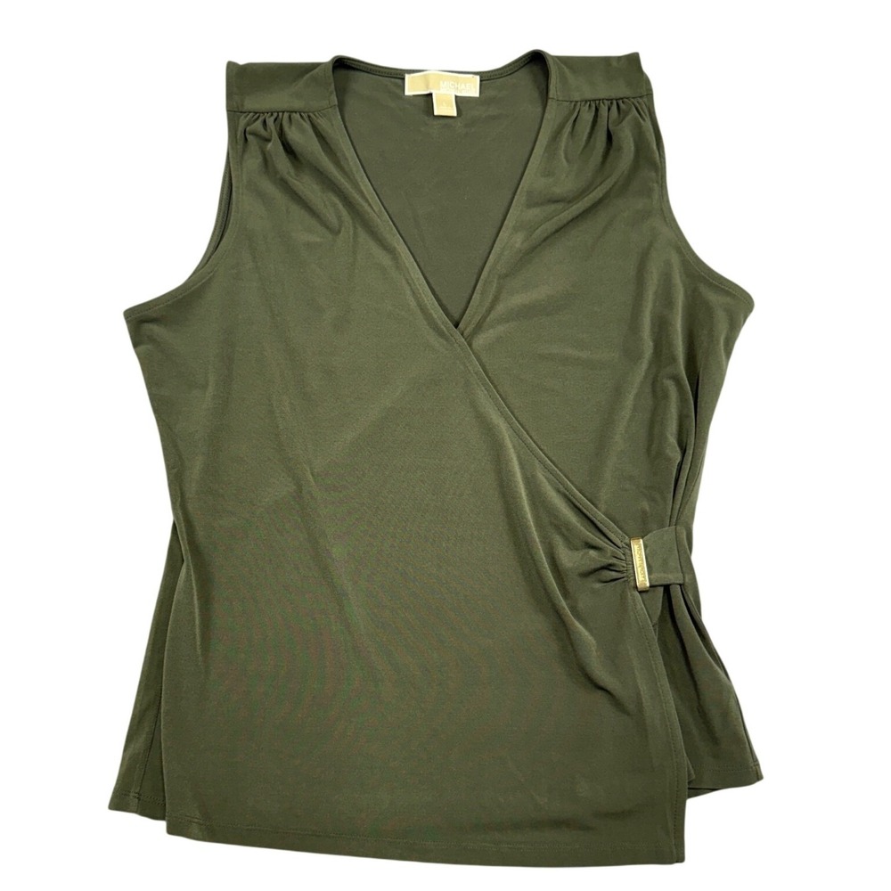 Michael Michael Kors Womens Olive Green Faux Wrap Sleeveless V-Neck Top Large